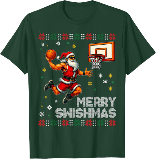 Santa Dunking Basketball Merry Swishmas Design T-Shirt - T-Shirt | Forest