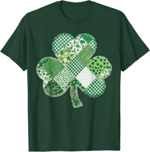 St Patrick's Day Patchwork Shamrock Clover Lucky Vintage T-Shirt - T-Shirt | Forest
