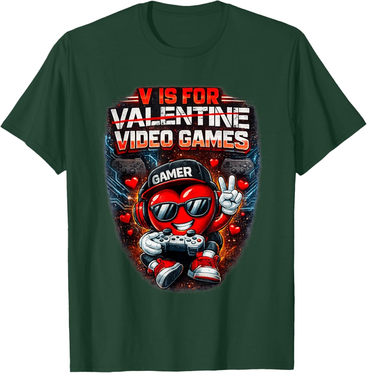 V is for Video Games Funny Valentines Gamer Boy Men Kids T-Shirt - T-Shirt | Forest