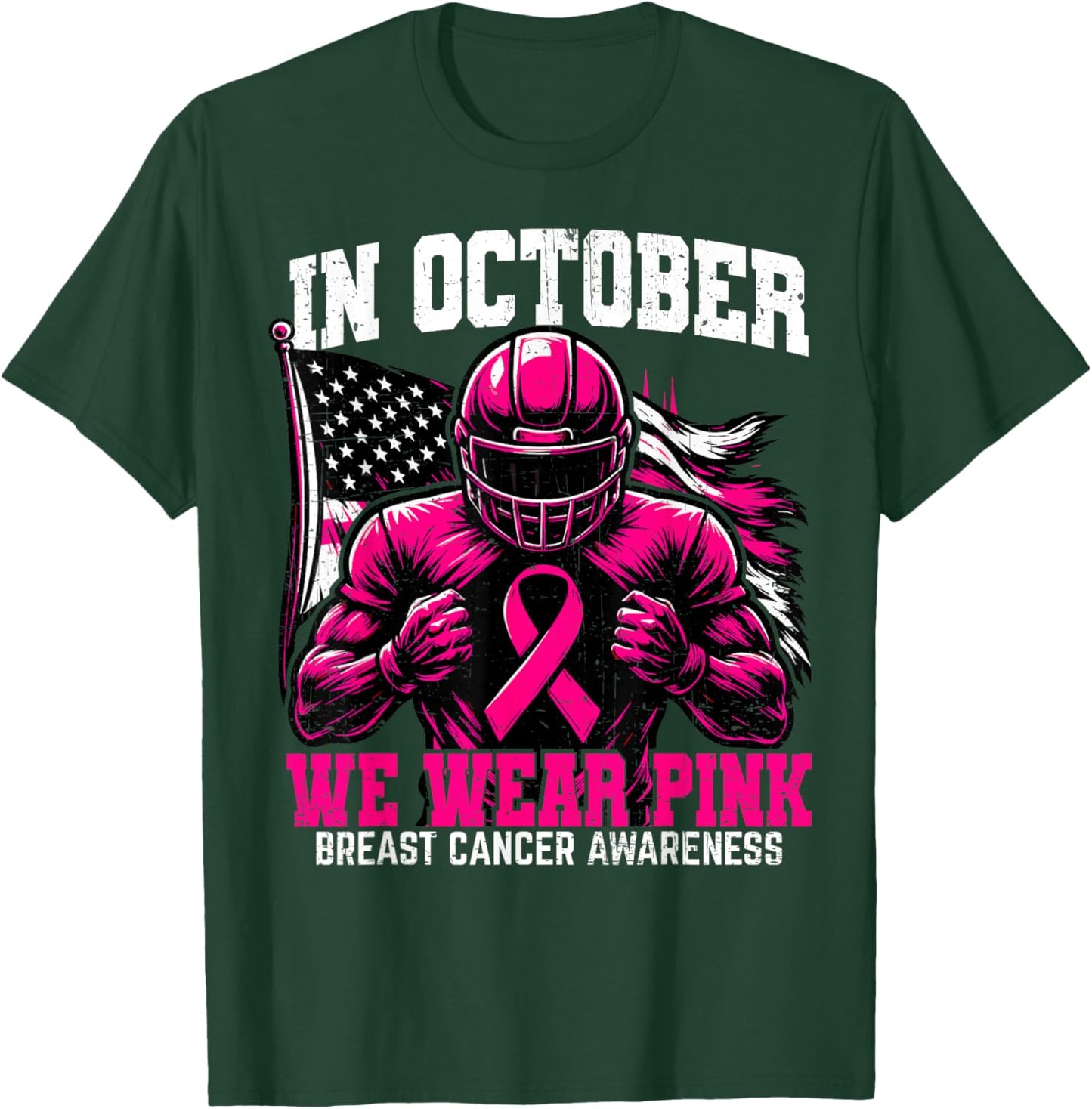 in October we Wear Pink USA Flag Breast Cancer Awareness T-Shirt - T-Shirt | Forest