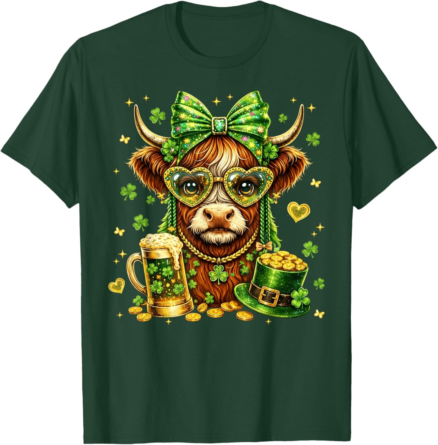 St Patricks Day Funny Highland Cow Cute Bow Girl Women Kid T-Shirt - T-Shirt | Forest