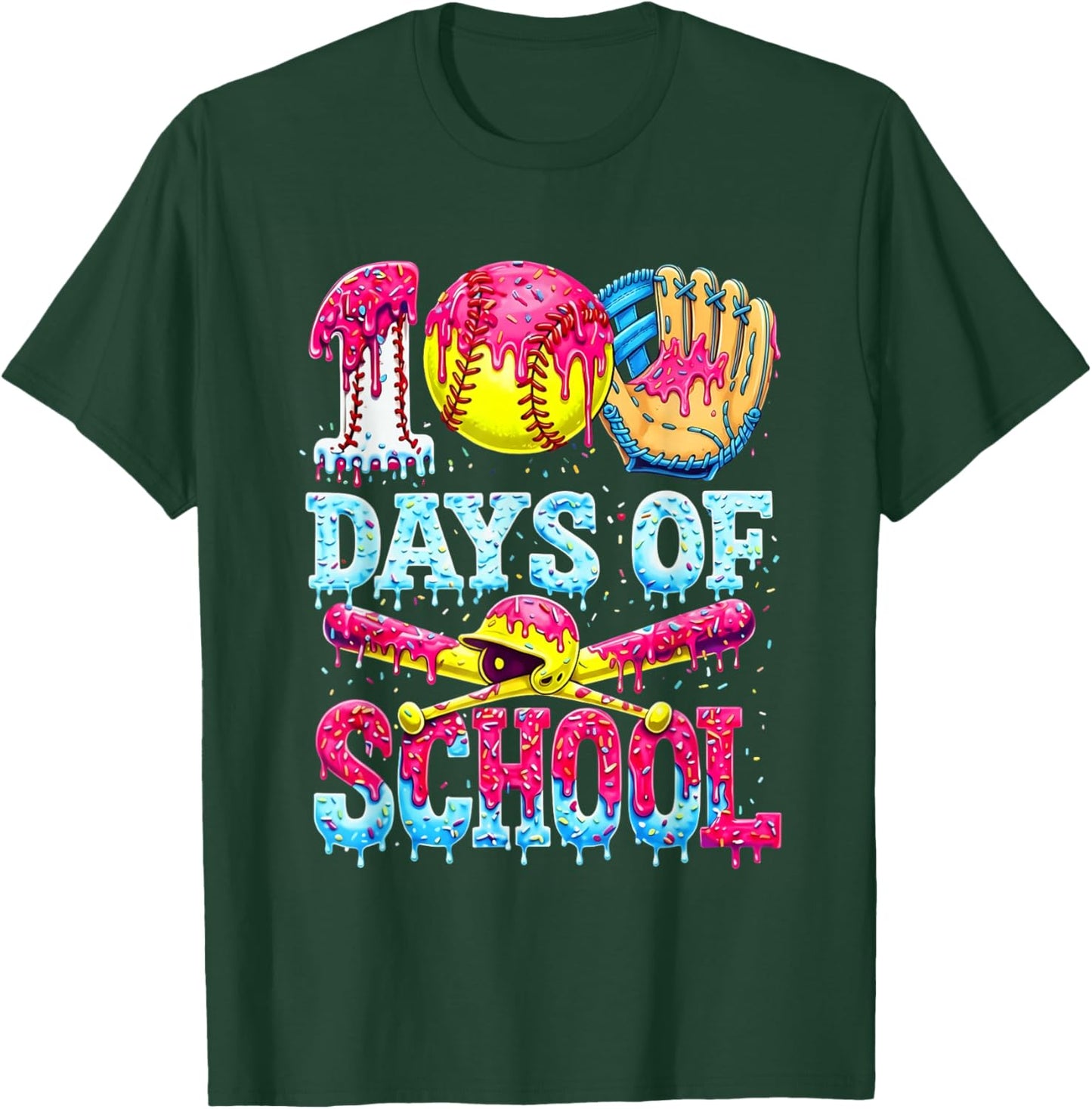 100 Days of School Softball Ice Cream Dripping Pattern T-Shirt - T-Shirt | Forest