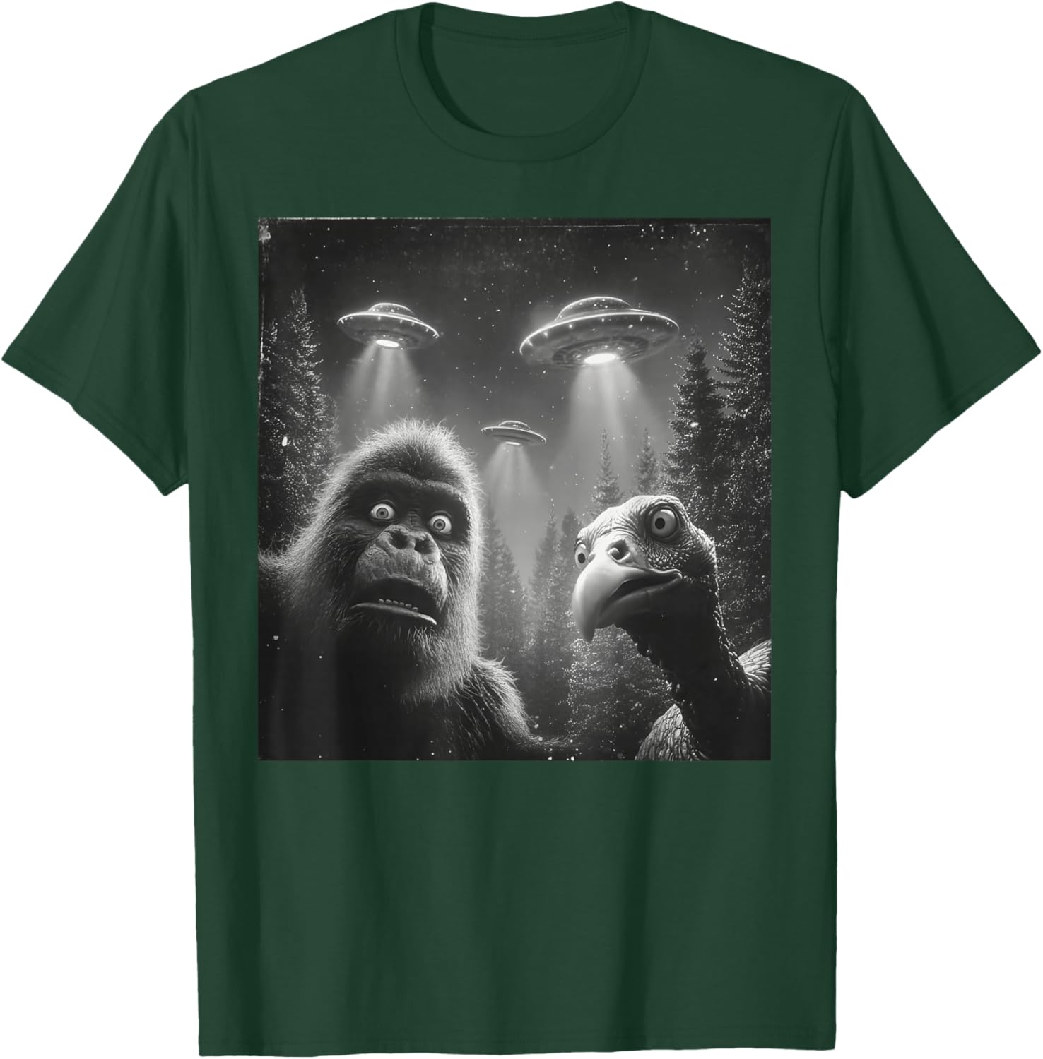 Funny Thanksgiving Bigfoot Turkey Selfie UFO Sasquatch T-Shirt - T-Shirt | Forest
