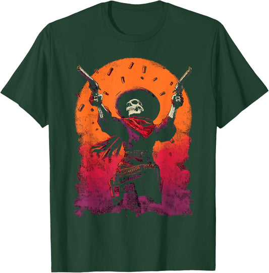 Skeleton Cowboy Gunslinger with Desert Sunset Western Gothic T-Shirt - T-Shirt | Forest