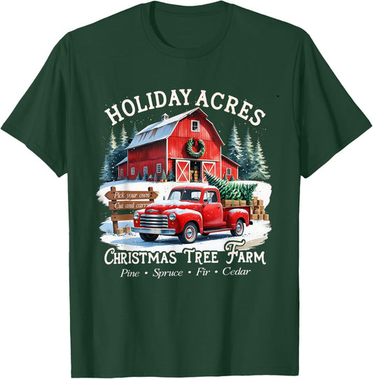 Vintage Red Truck Holiday Acres Christmas Tree Farm T-Shirt - T-Shirt | Forest