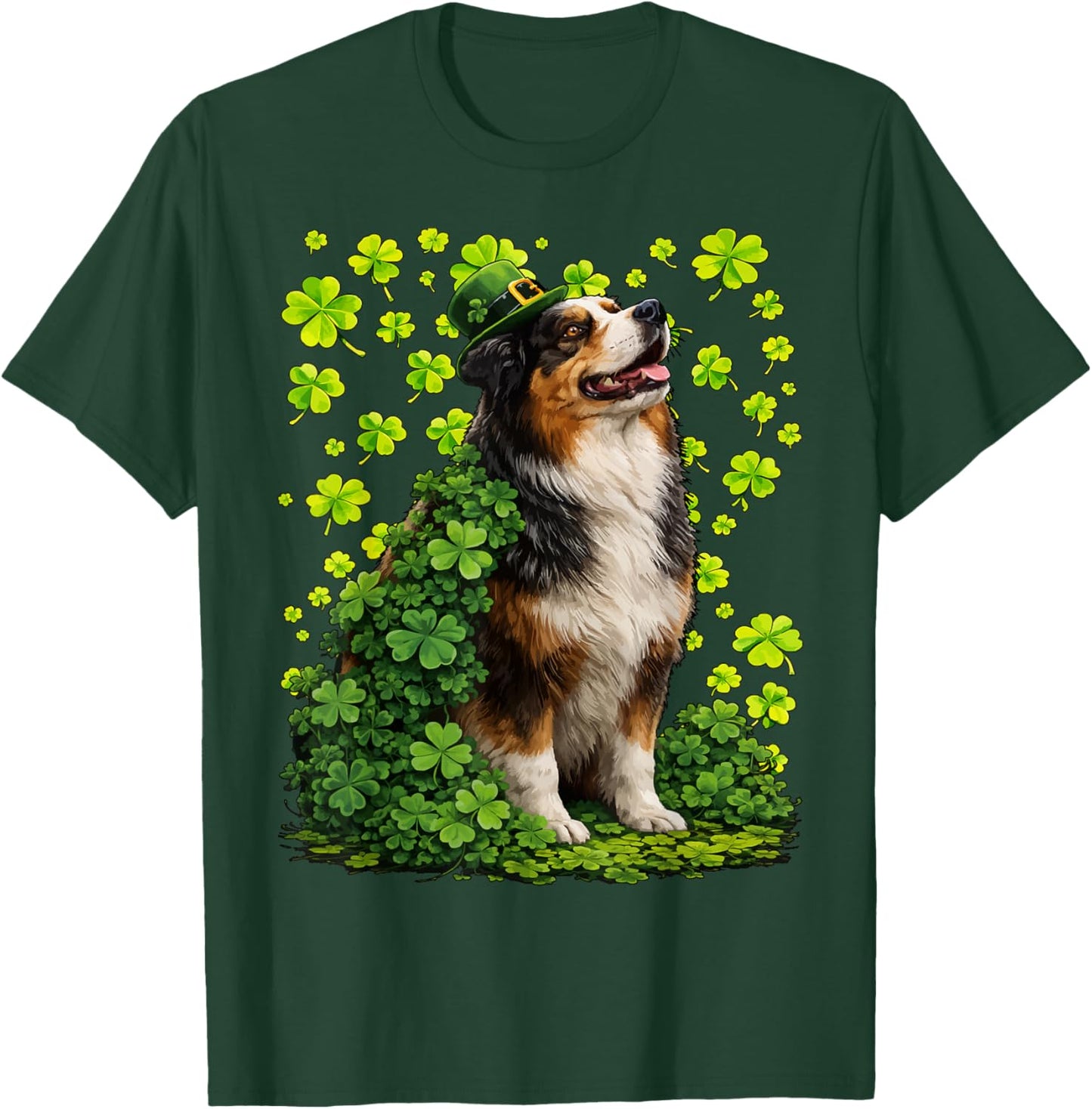 Lucky Australian Shepherd with Shamrocks St Patricks Day Dog T-Shirt - T-Shirt | Forest
