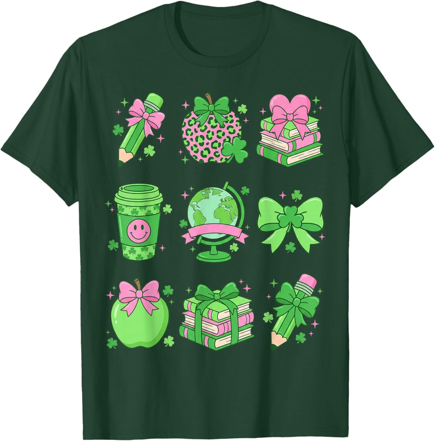 St Patrick's Day Lucky Teacher Shamrock Coquette Bow Pencil T-Shirt - T-Shirt | Forest