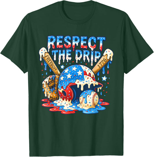 Funny Respect The Drip Baseball Ice Cream Drip 4th of July T-Shirt - T-Shirt | Forest