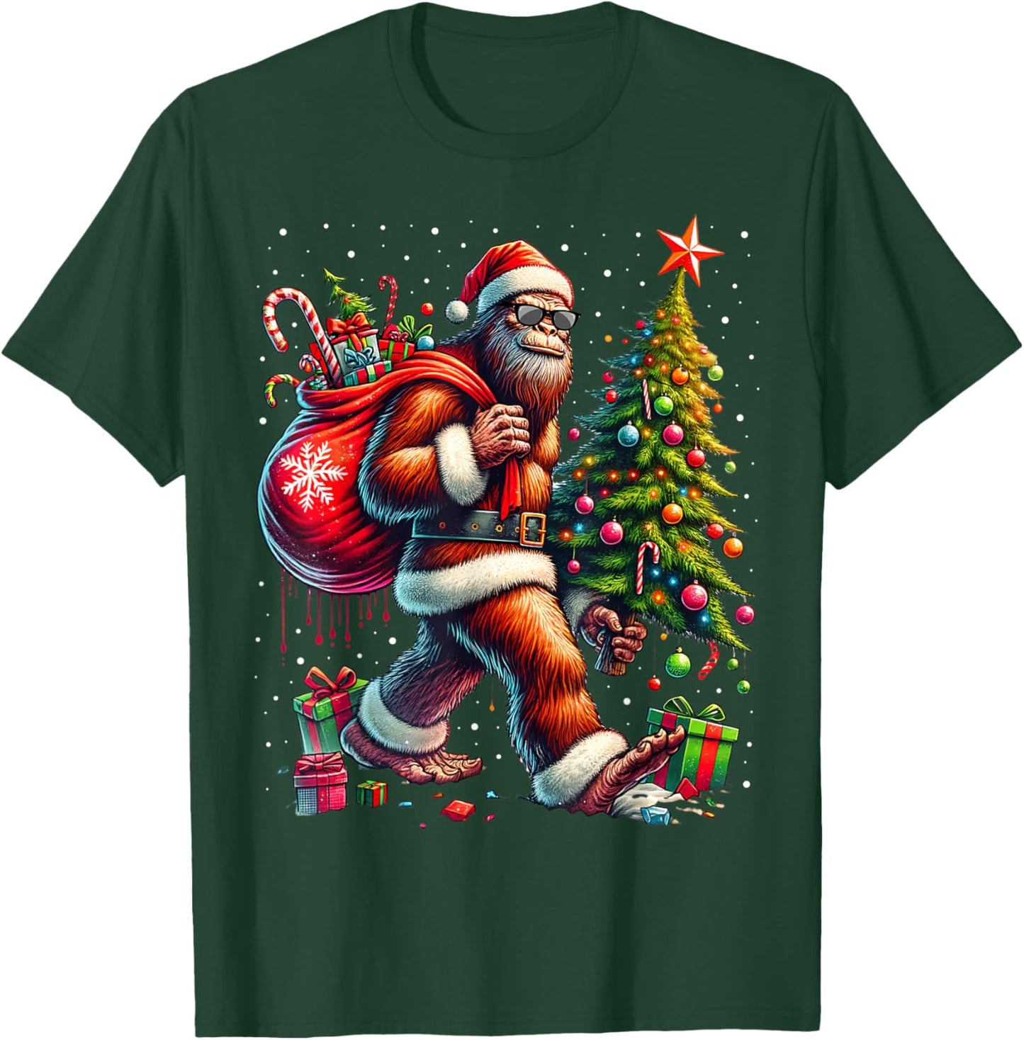 Santa Bigfoot Christmas Tree Xmas Lights Funny Sasquatch T-Shirt - T-Shirt | Forest