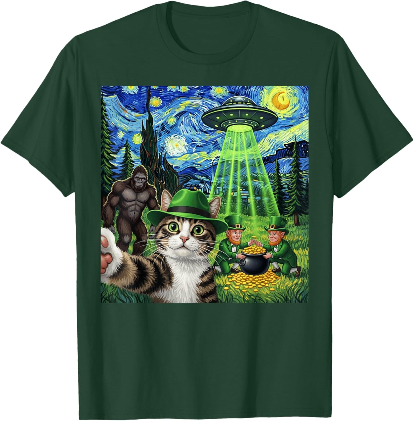 St Patricks Day Bigfoot Leprechaun Cat UFO Funny Scene T-Shirt - T-Shirt | Forest