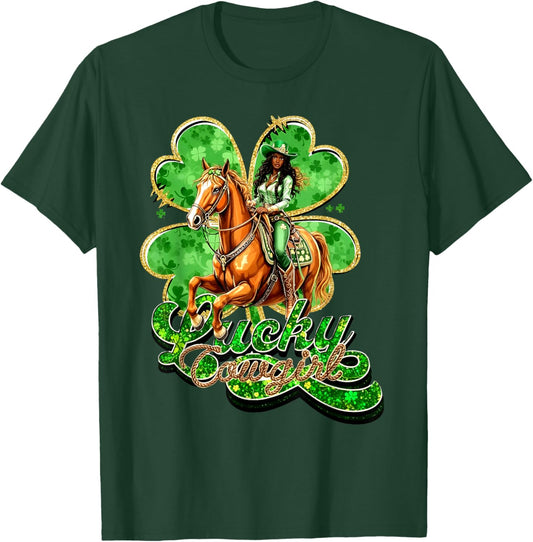 Lucky Cowgirl St Patrick’s Day Western Clover Black Cowgirl T-Shirt - T-Shirt | Forest