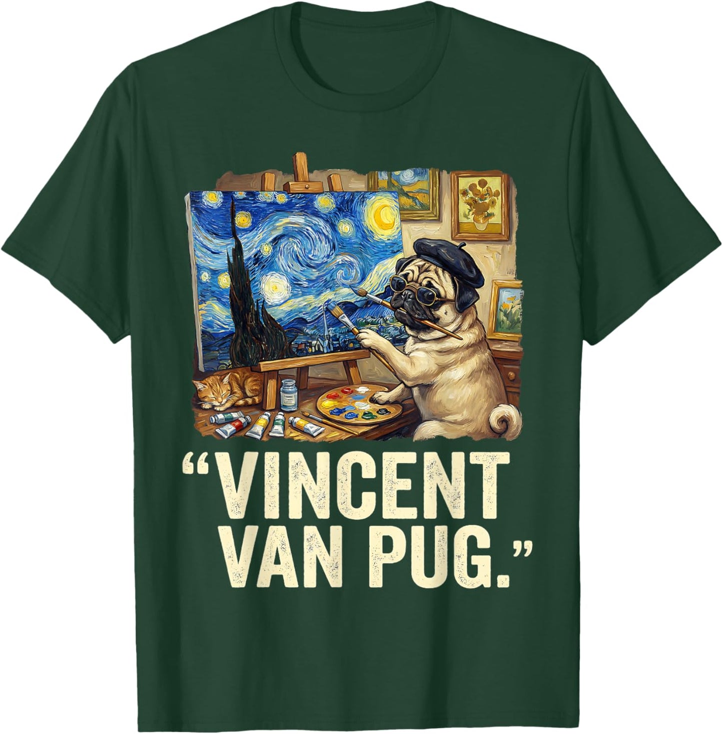 Starry Night Dog Van Gogh Pug Lovers Vincent Van Pug T-Shirt - T-Shirt | Forest