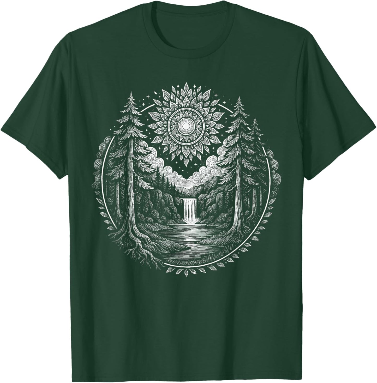 Forest Mandala Sun Waterfall Nature Boho Calm Graphic T-Shirt - T-Shirt | Forest