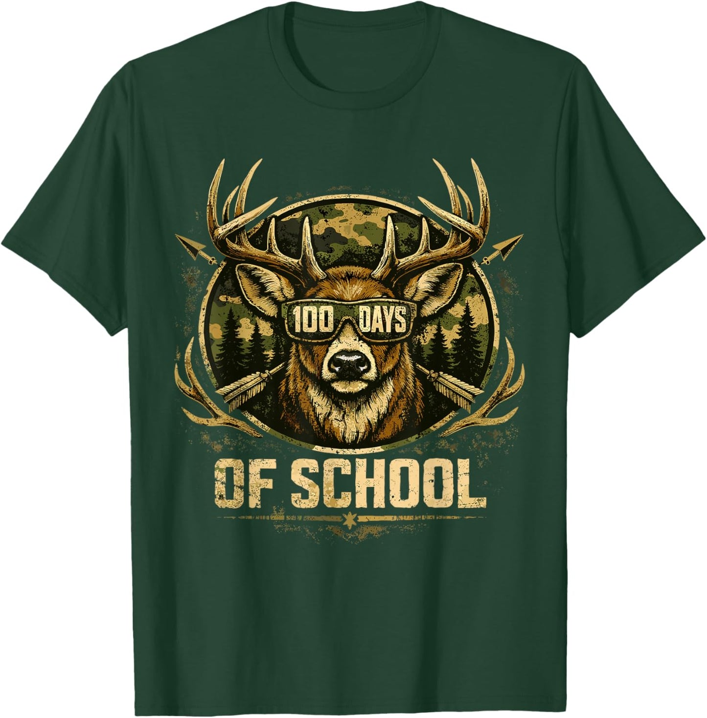 Funny Bucked 100 Day of School Camo Deer Outdoor Student Boy T-Shirt - T-Shirt | Forest
