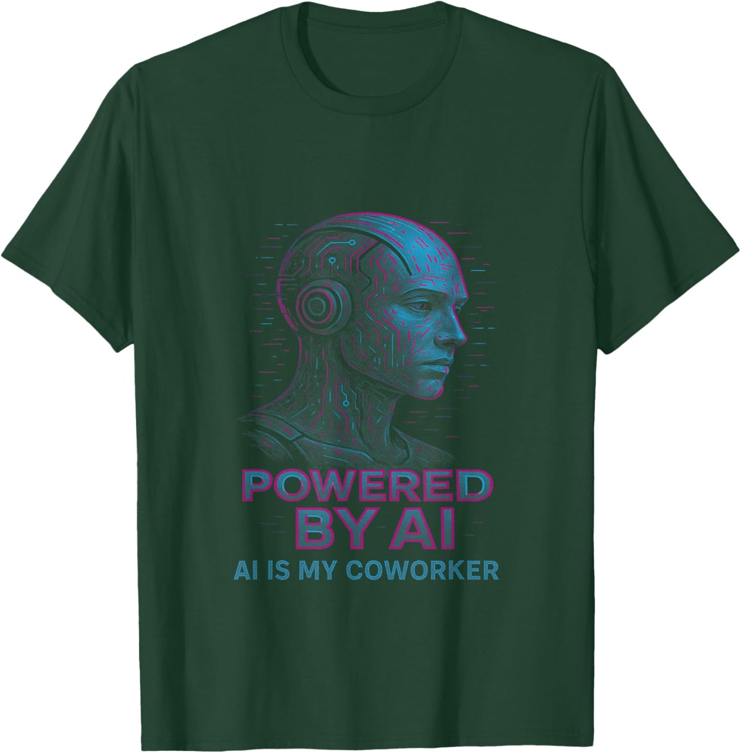 Powered by AI Futuristic Robot Head Neon Tech Graphic T-Shirt - T-Shirt | Forest