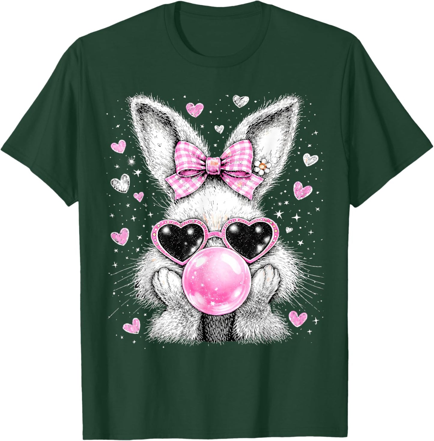 Easter Bunny Blowing Bubble Gum Coquette Bow Women Girls T-Shirt - T-Shirt | Forest