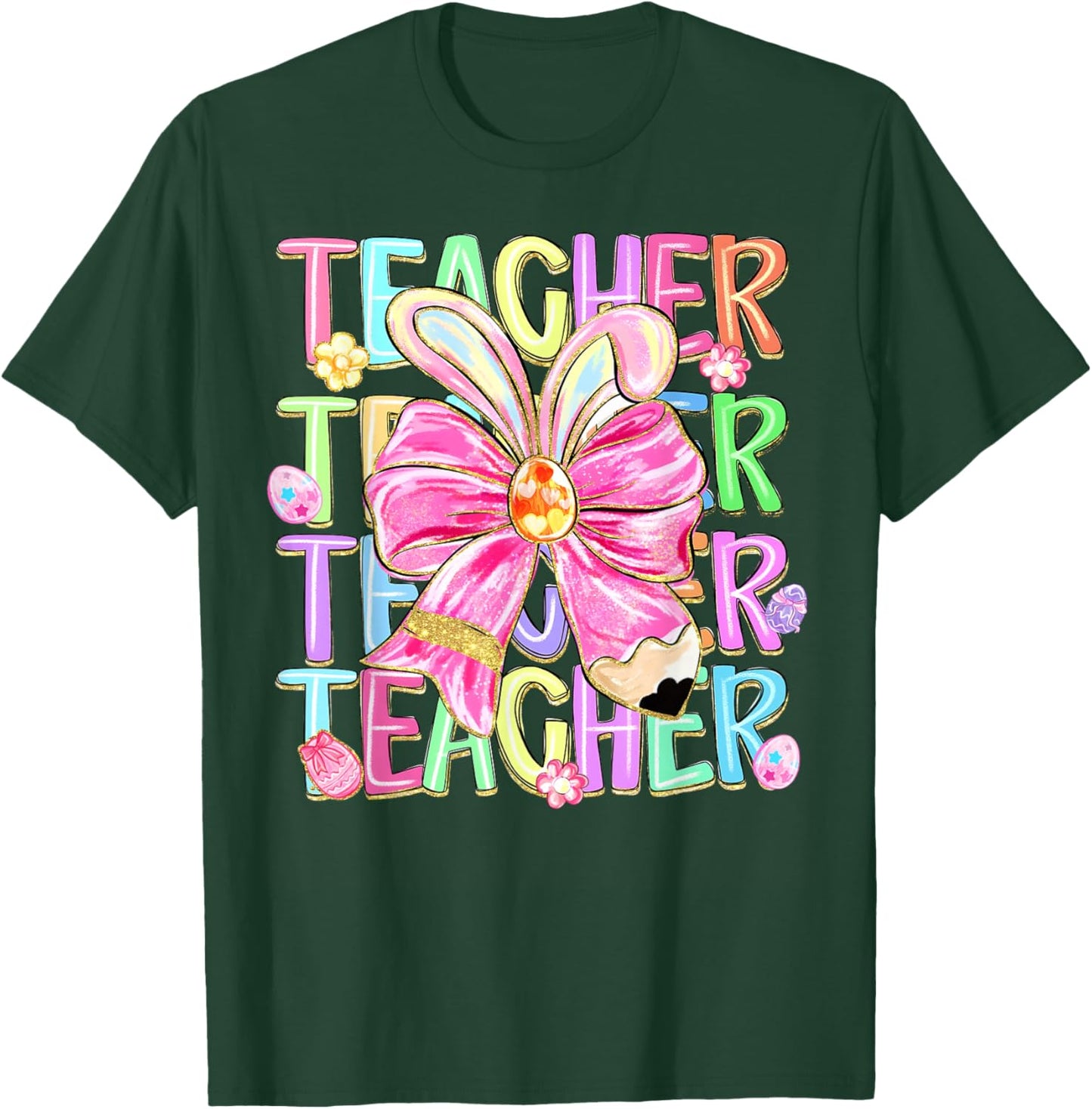Easter Teacher Coquette Bunny Ears Bow School Teacher T-Shirt - T-Shirt | Forest