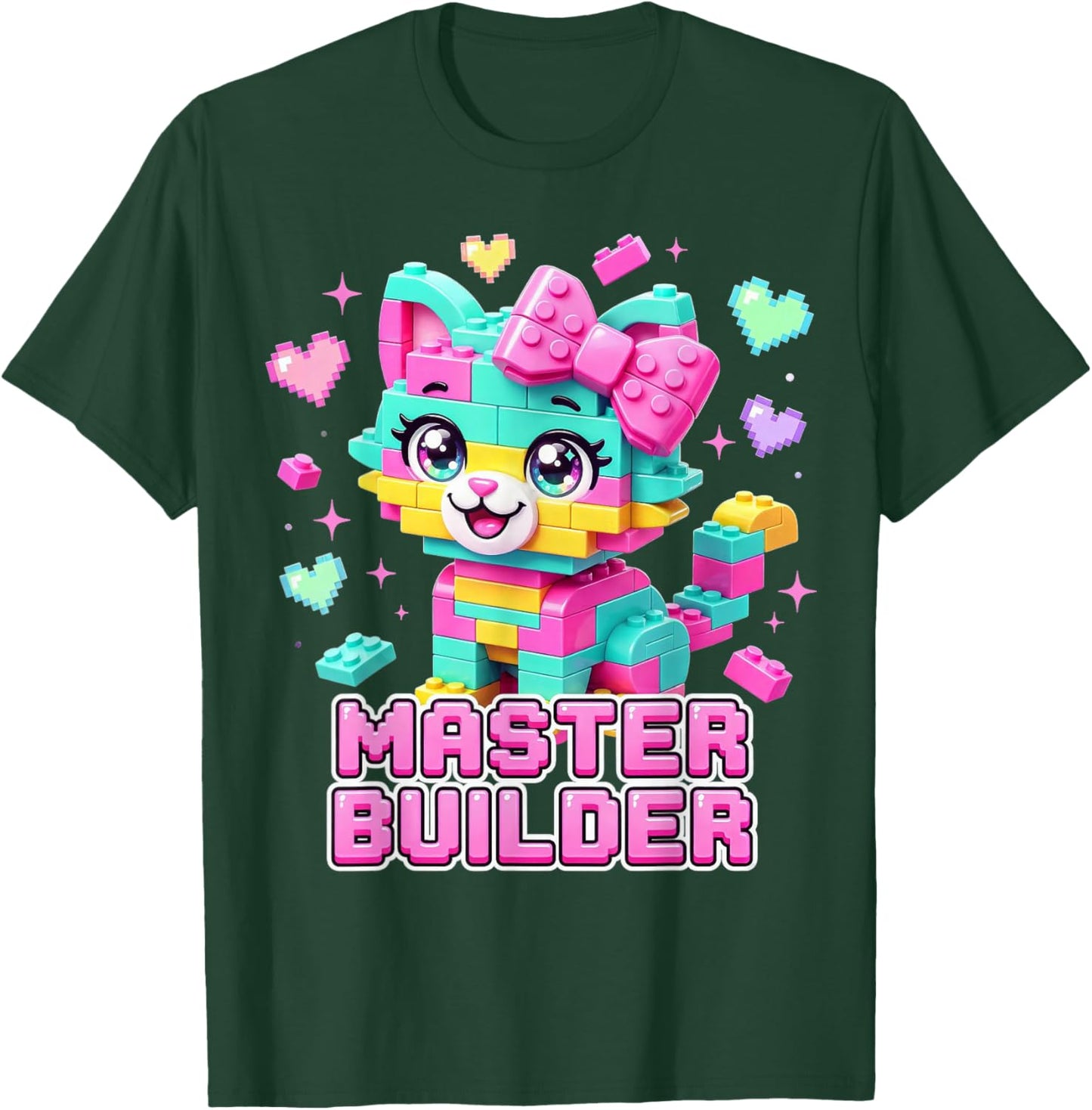 Master Builder Kids Girls Building Bricks Cat Lover Kitten T-Shirt - T-Shirt | Forest