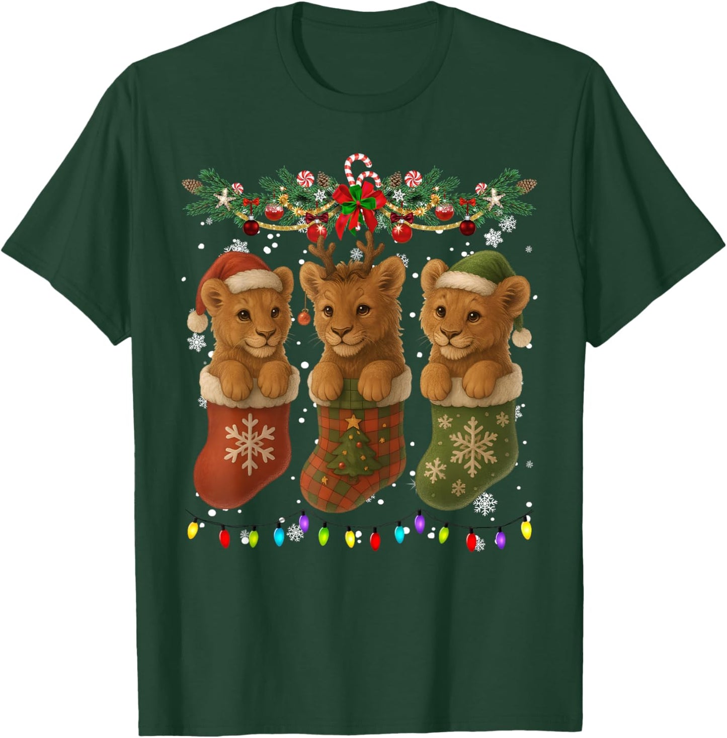 Lion in Christmas Socks Lights Lion Xmas T-Shirt - T-Shirt | Forest