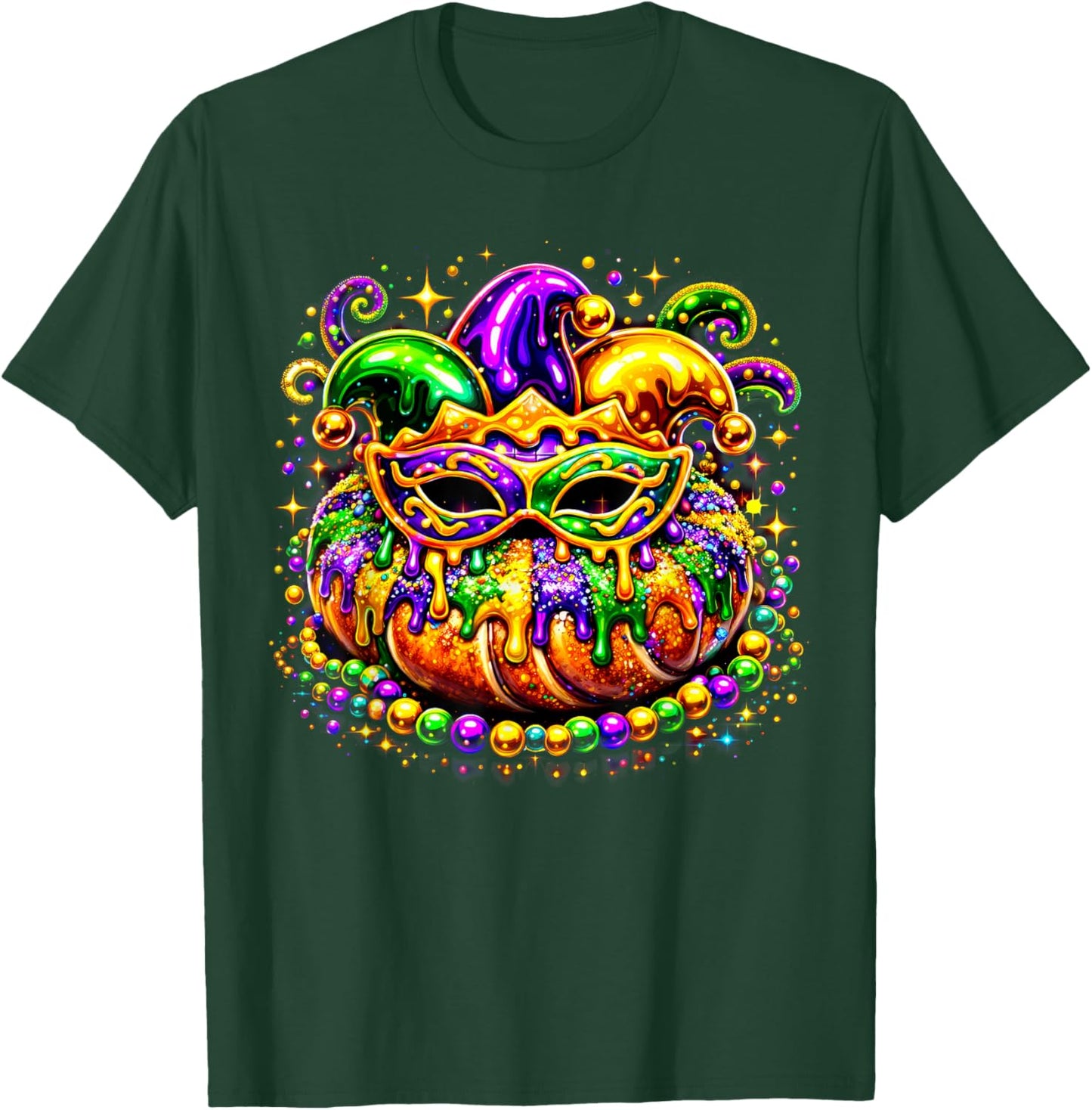 King Cake Golden Beads Mask Feathers Mardi Gras 2026 T-Shirt - T-Shirt | Forest