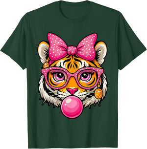 Pink Bow Tiger Shirt for Girls Cute Glasses Tiger Bubble Gum T-Shirt - T-Shirt | Forest