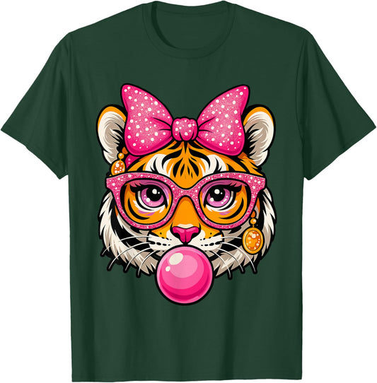 Pink Bow Tiger Shirt for Girls Cute Glasses Tiger Bubble Gum T-Shirt - T-Shirt | Forest