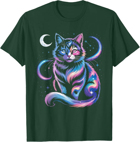 Mystical Space Cosmic Cat - Galaxy Kitten Graphic T-Shirt - T-Shirt | Forest