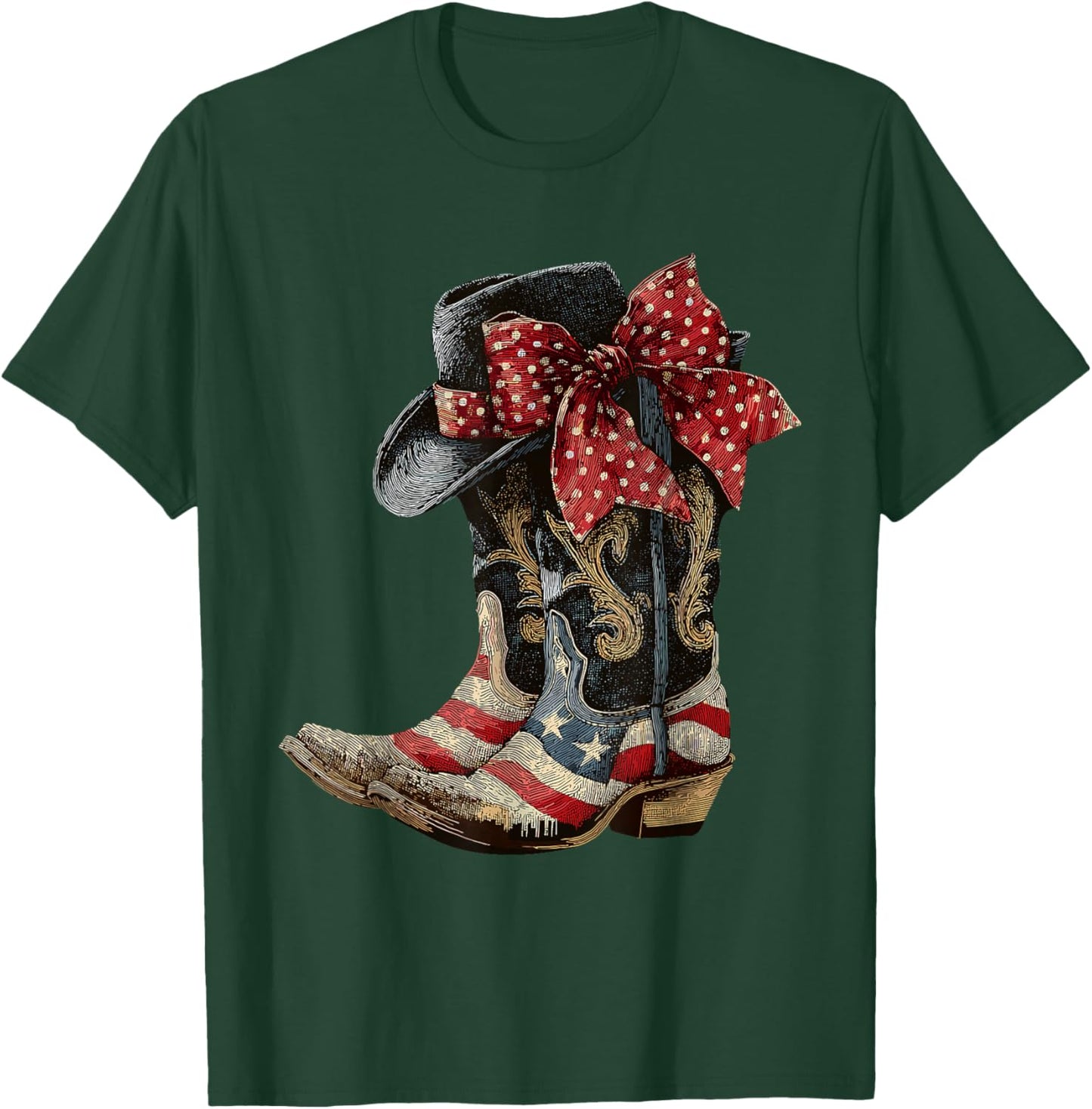 Retro Western Cowboy Cowgirl American Patriotic Rodeo Boots T-Shirt - T-Shirt | Forest