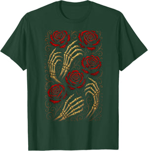 Skeleton Hands and Roses - Gothic Creepy Art T-Shirt - T-Shirt | Forest