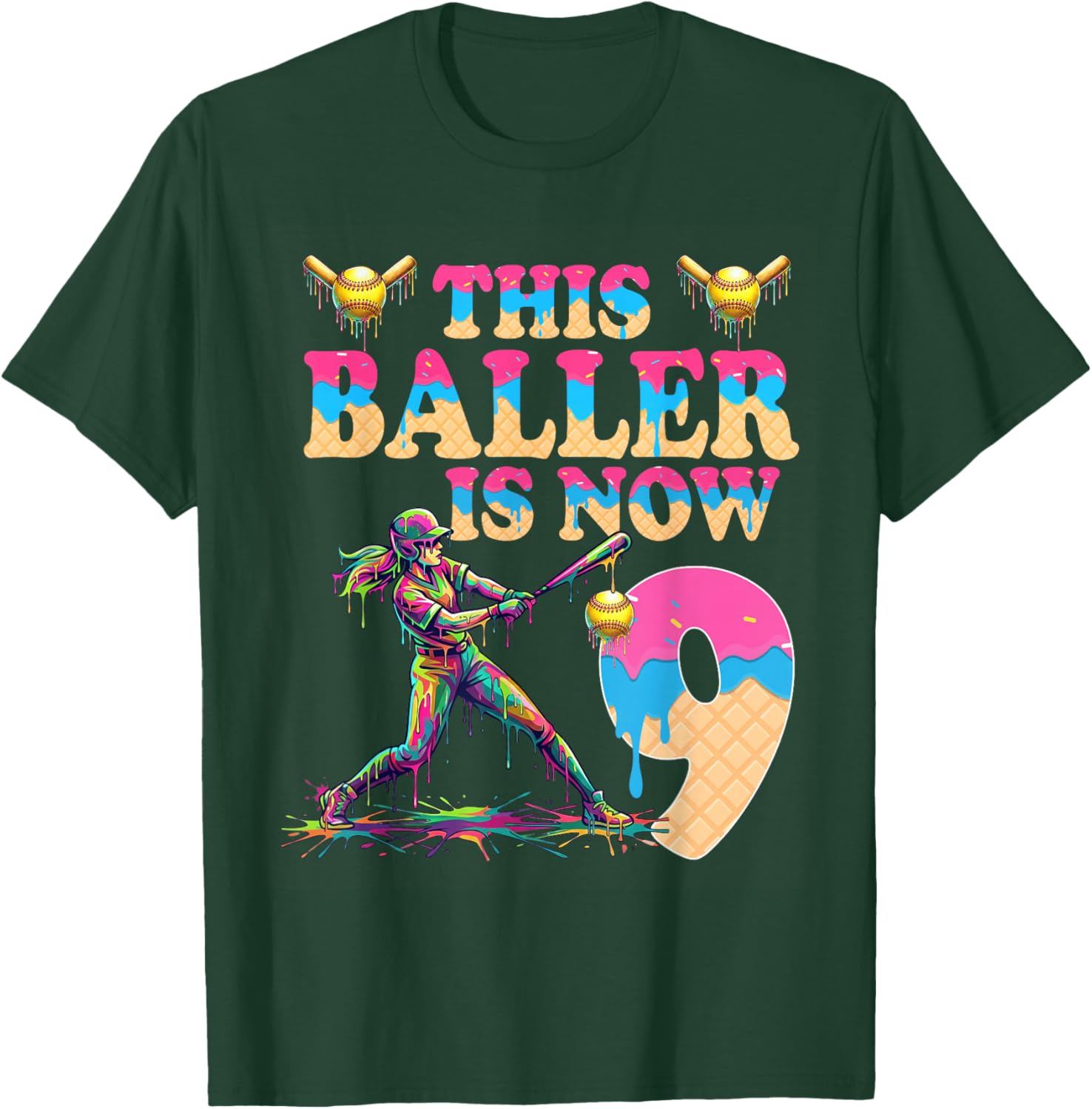 This Baller is Now 9 Years Old Birthday Girl Softball 9th T-Shirt - T-Shirt | Forest