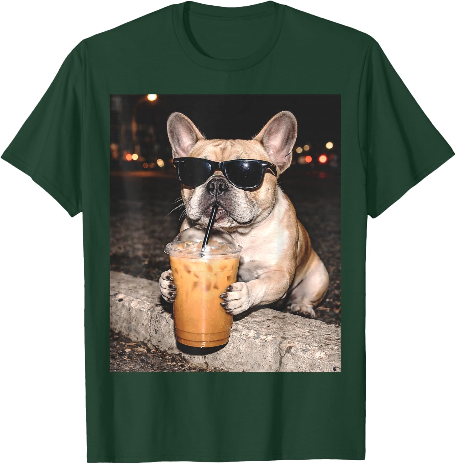French Bulldog Drinking Iced Coffee Funny Animal T-Shirt - T-Shirt | Forest