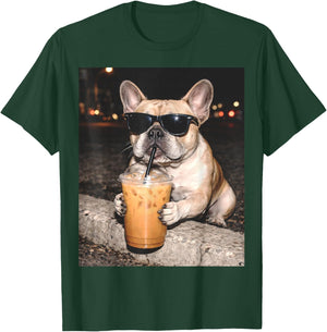French Bulldog Drinking Iced Coffee Funny Animal T-Shirt - T-Shirt | Forest