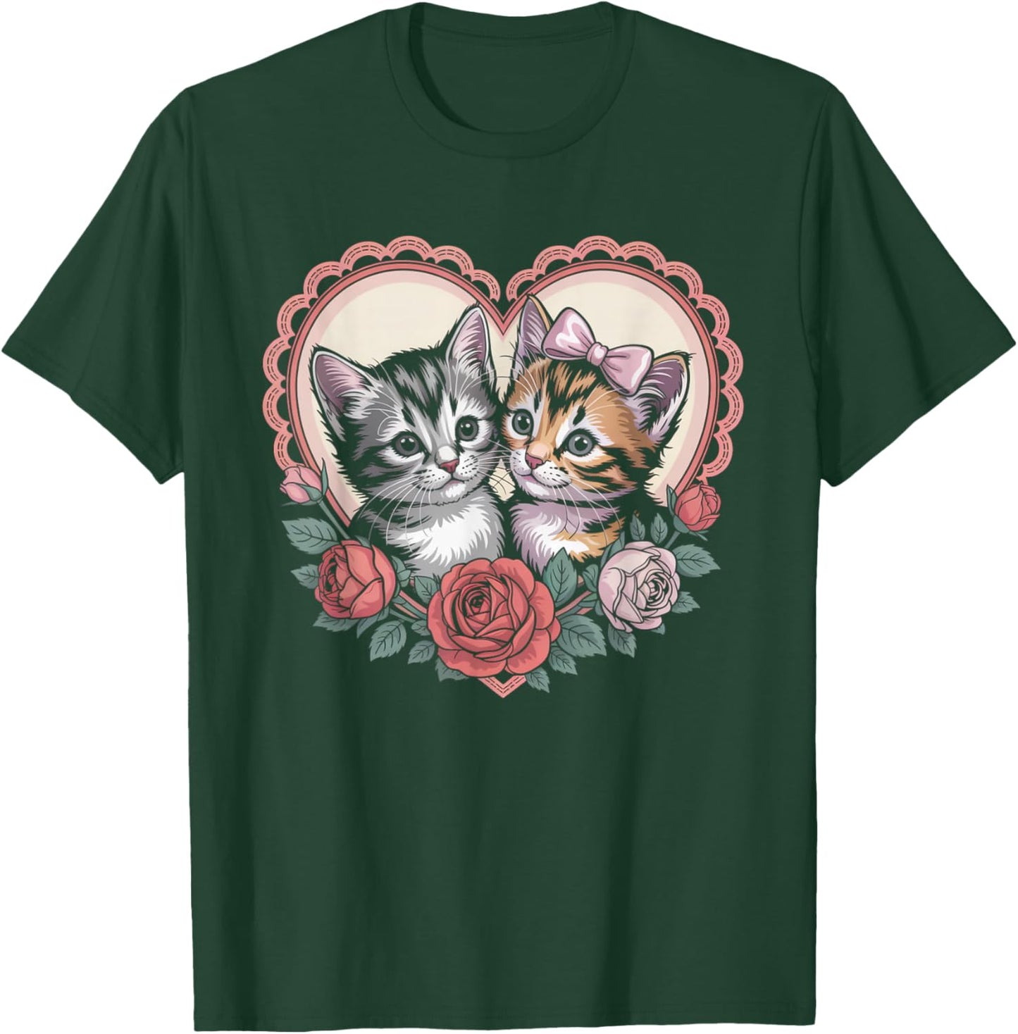 Cute Kittens in Heart with Roses Romantic Cat T-Shirt - T-Shirt | Forest
