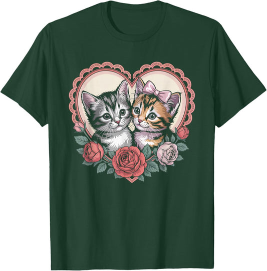 Cute Kittens in Heart with Roses Romantic Cat T-Shirt - T-Shirt | Forest