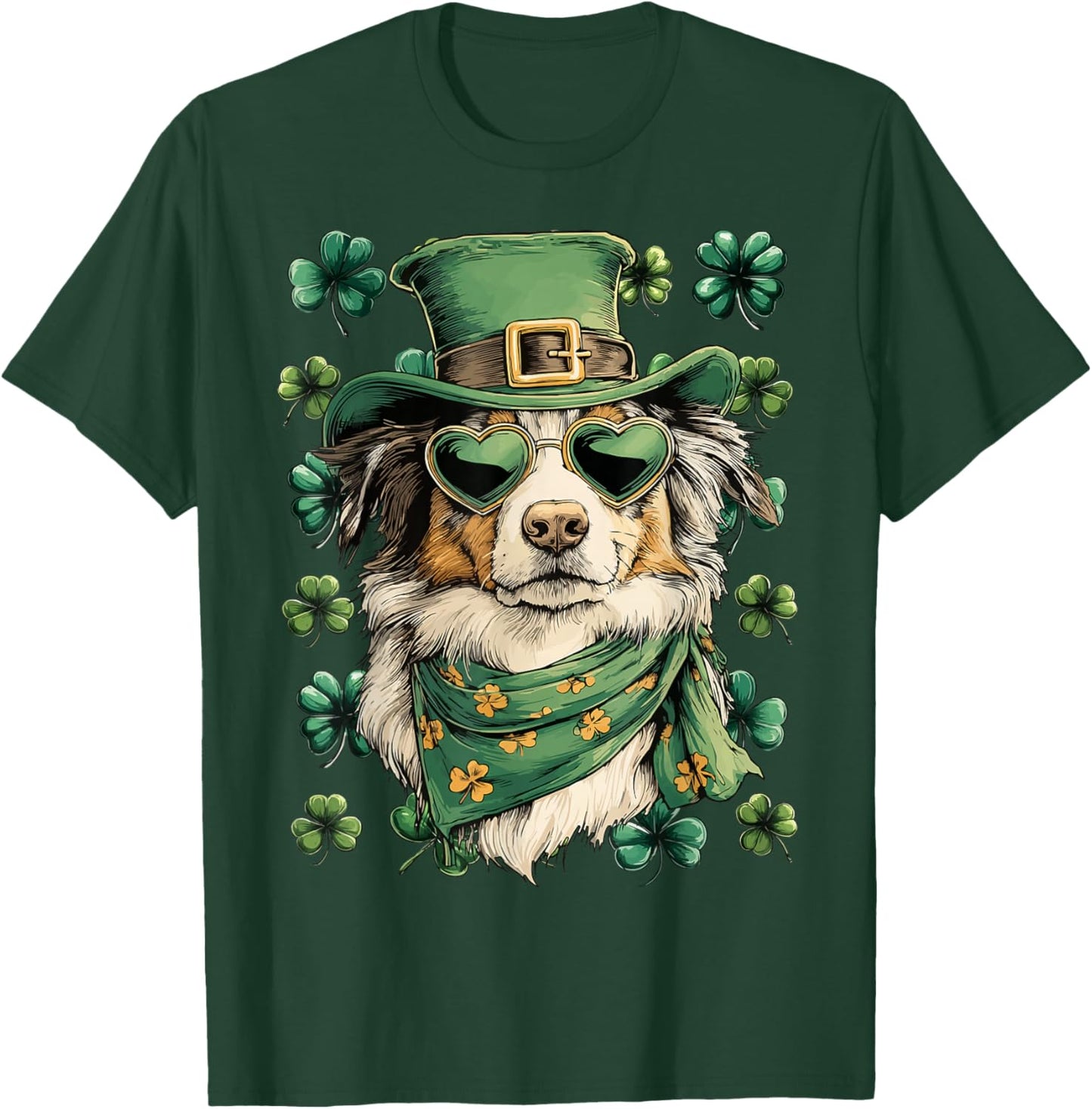 Australian Shepherd in Sunglasses Shamrocks St Patricks Day T-Shirt - T-Shirt | Forest