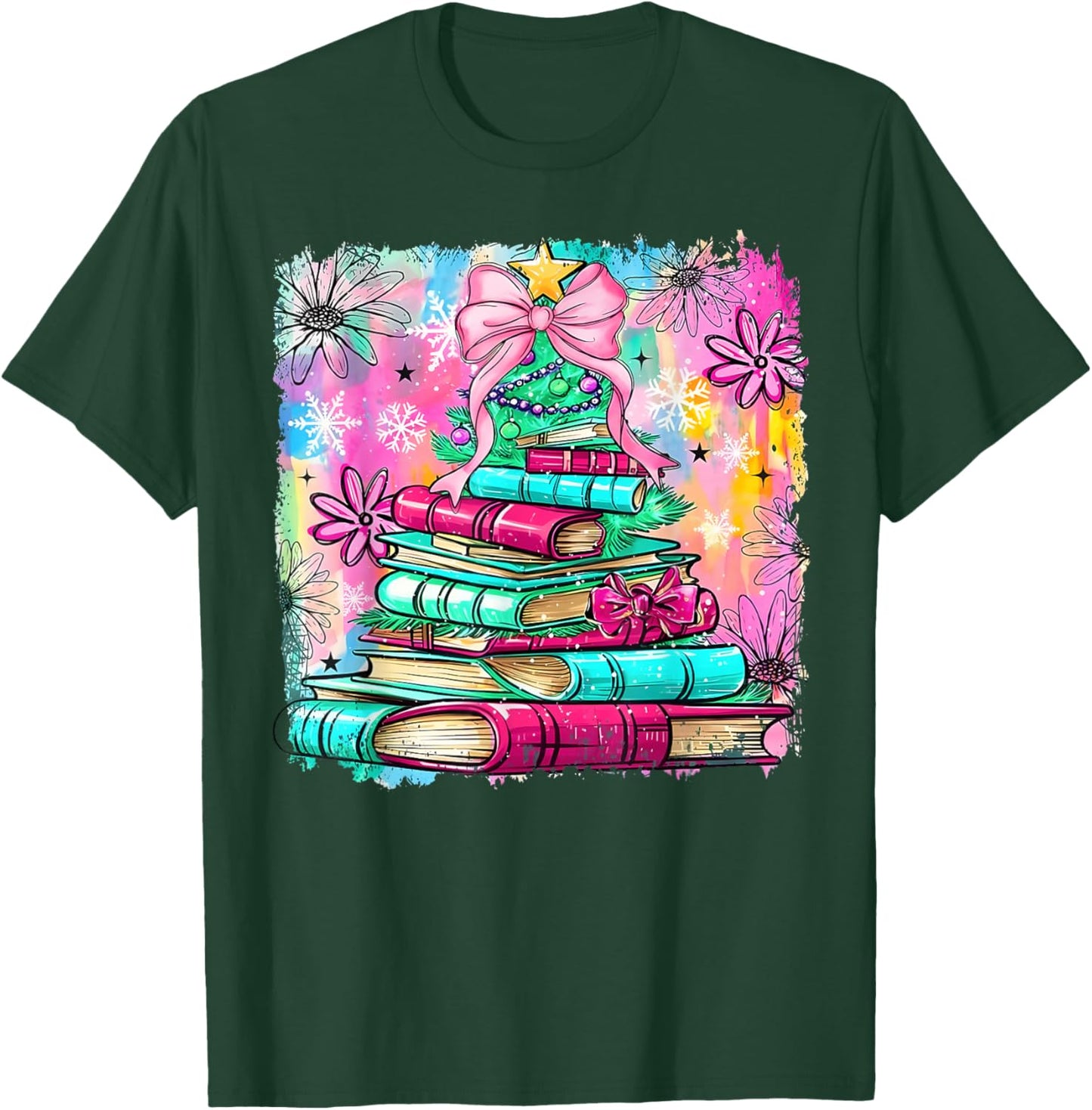 Book Christmas Tree Lights Teacher Librarian Book Lovers T-Shirt - T-Shirt | Forest
