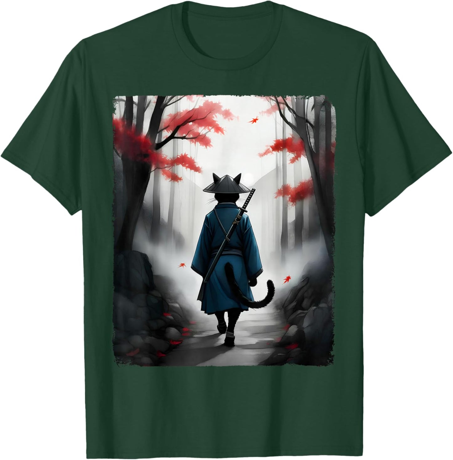 Samurai Cat Warrior Vintage Ukiyo-e Art Japanese Graphic T-Shirt - T-Shirt | Forest