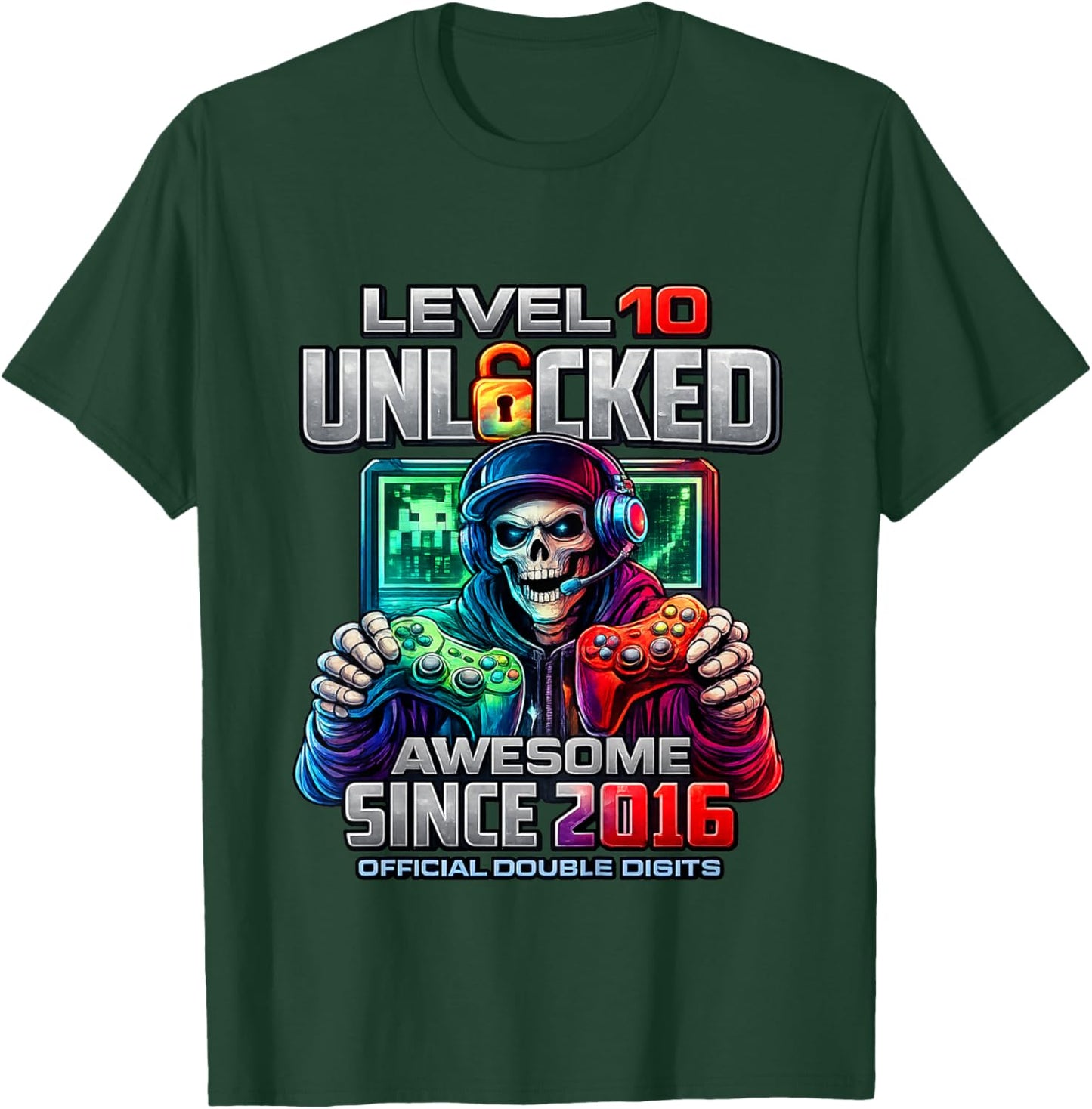 Kids Level 10 Unlocked Awesome Since 2016 10th Birthday Gaming T-Shirt - T-Shirt | Forest