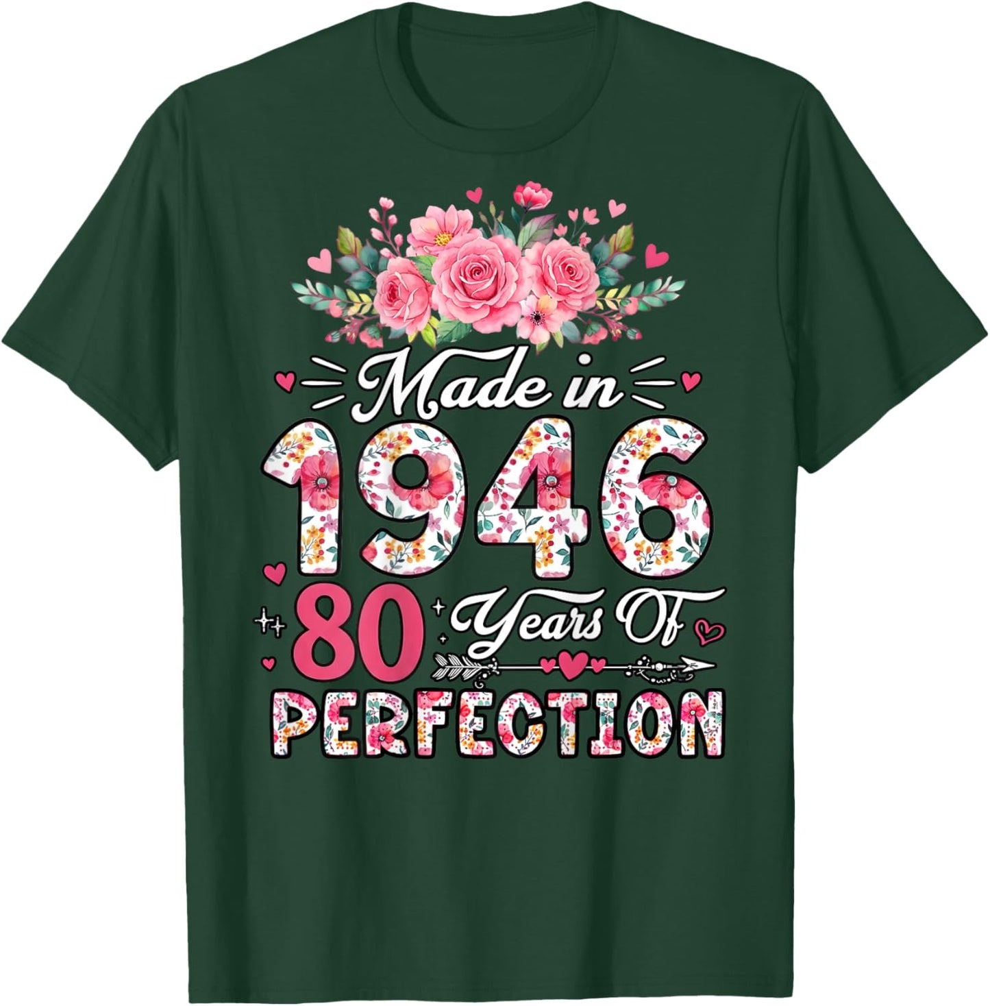 (ON Back) 80 Birthday Decorations Women 80th Birthday Floral T-Shirt - T-Shirt | Forest