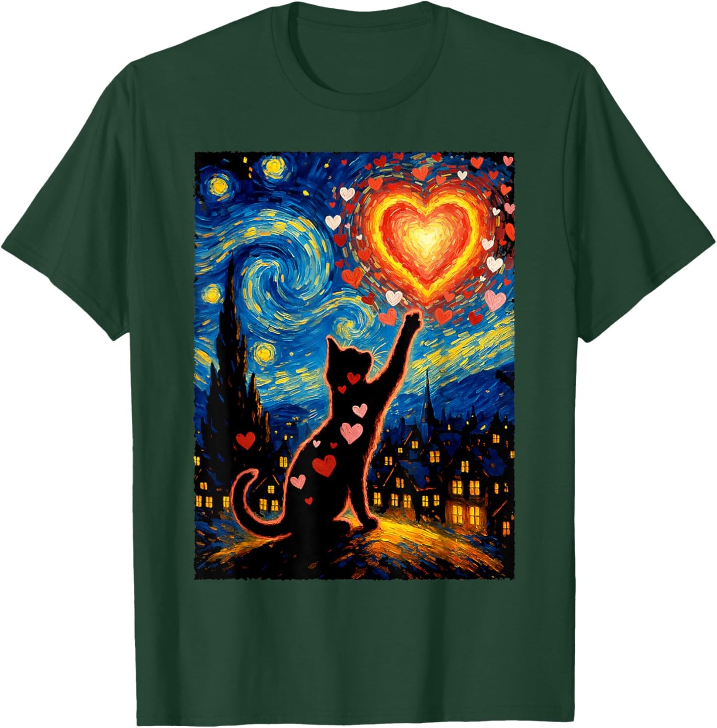 Romantic Cat Van Gogh Starry Night Valentine Art Lovers T-Shirt - T-Shirt | Forest