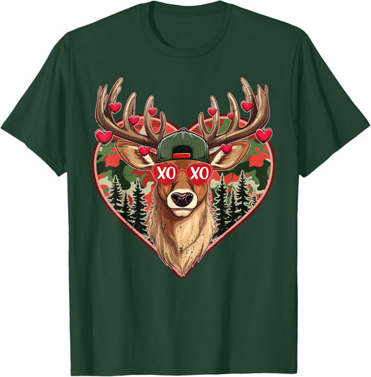 XOXO Valentine Buck Camo Deer Retro Hunting Valentines Day T-Shirt - T-Shirt | Forest
