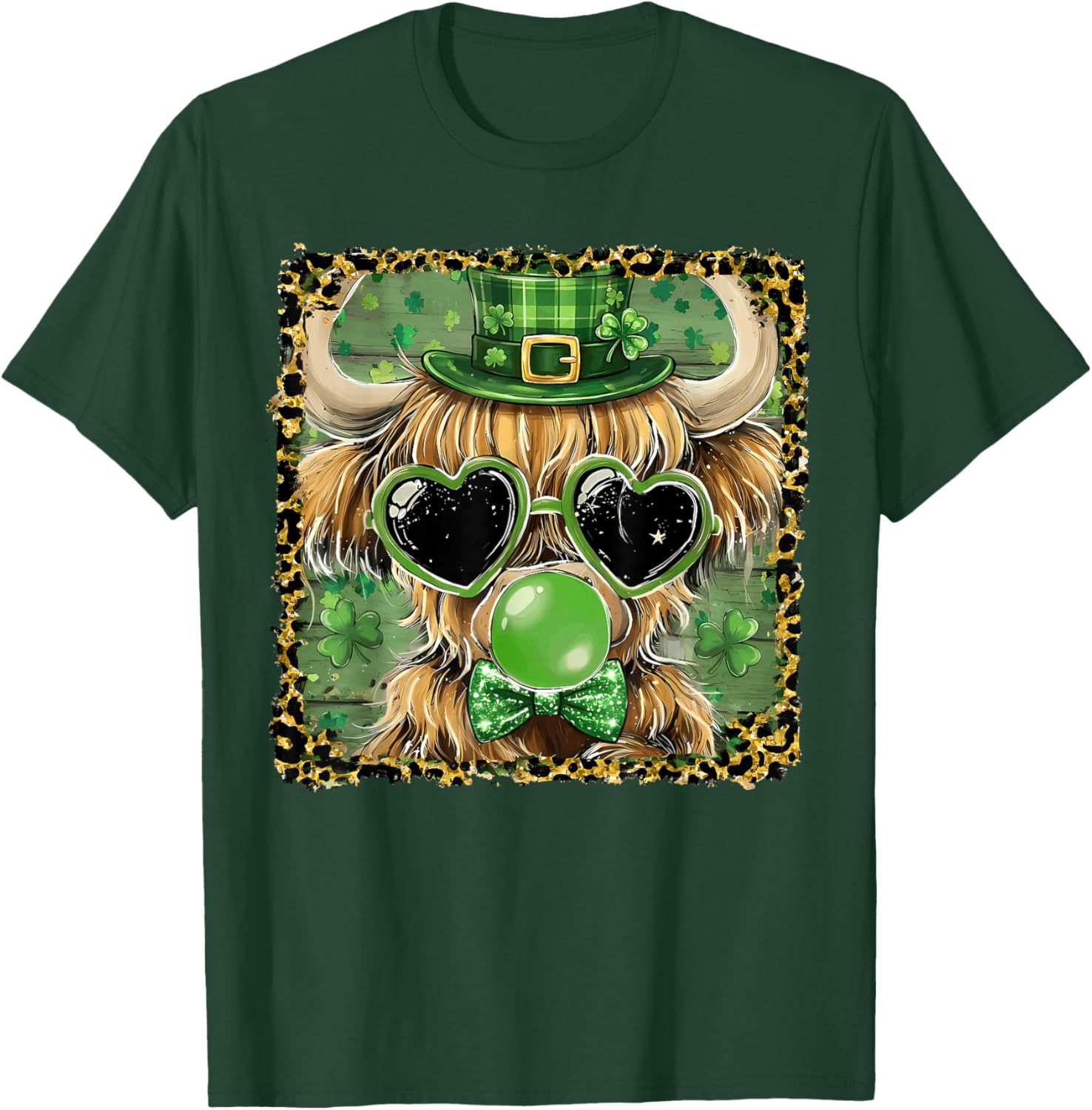 Leopard Lucky Highland Cow Heart Glasses St Patricks Day T-Shirt - T-Shirt | Forest