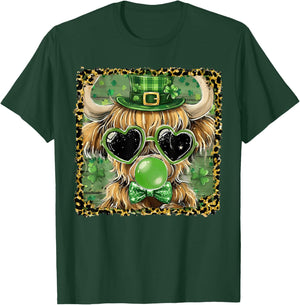 Leopard Lucky Highland Cow Heart Glasses St Patricks Day T-Shirt - T-Shirt | Forest