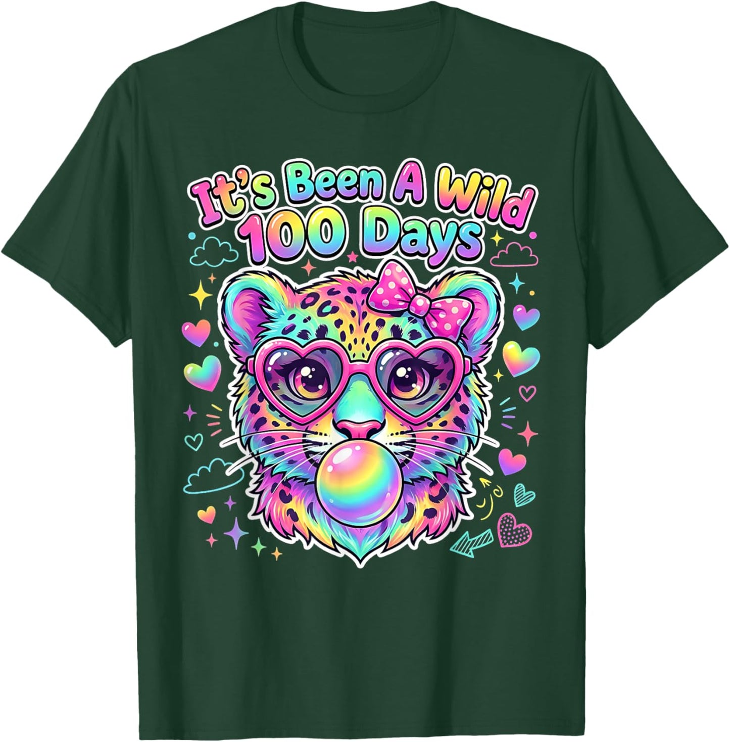 100th Day of School Leopard Bubble Gum Glasses Students Kids T-Shirt - T-Shirt | Forest