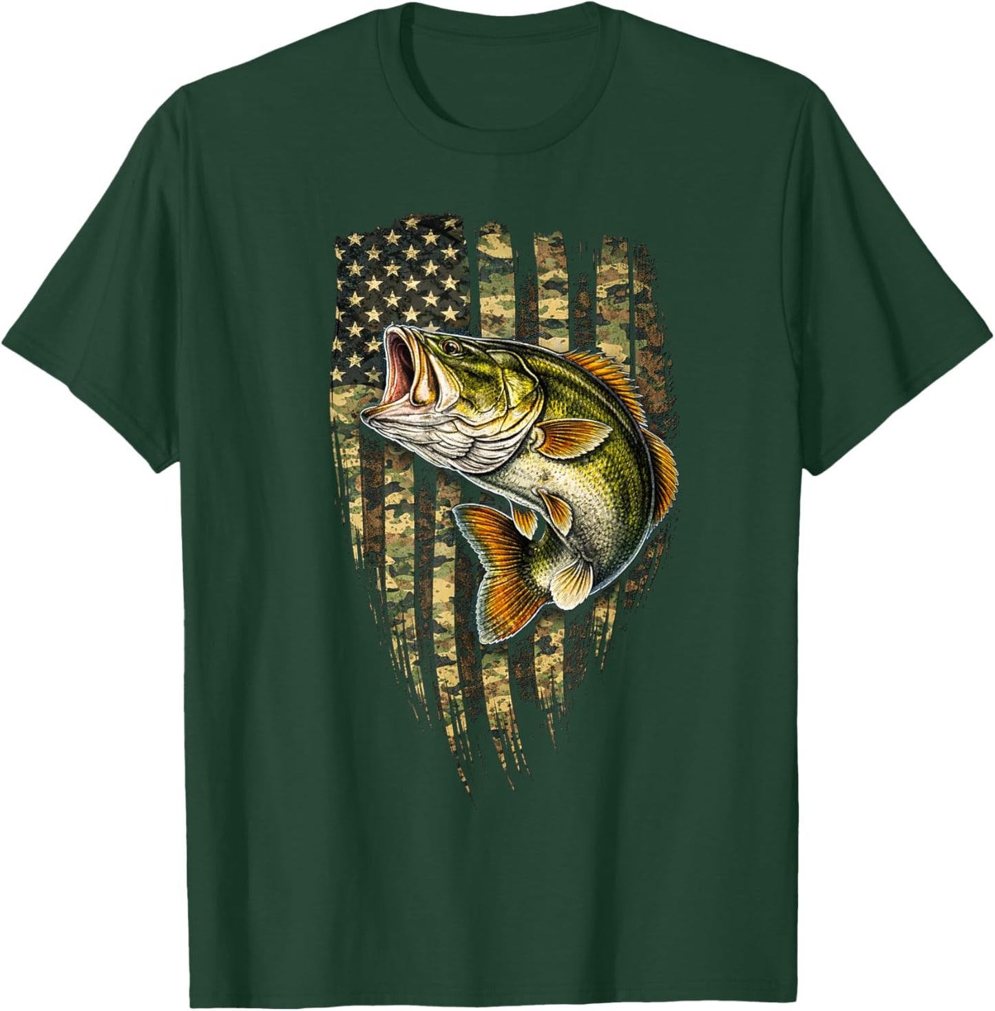 Vintage Fishermen Camo American Flag Bass Fish Fishing T-Shirt - T-Shirt | Forest