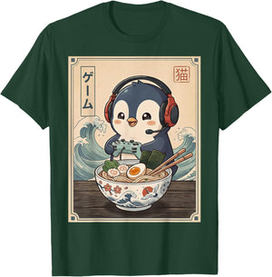 Cute Penguin Eating Ramen Japanese Funny Penguin Gaming T-Shirt - T-Shirt | Forest