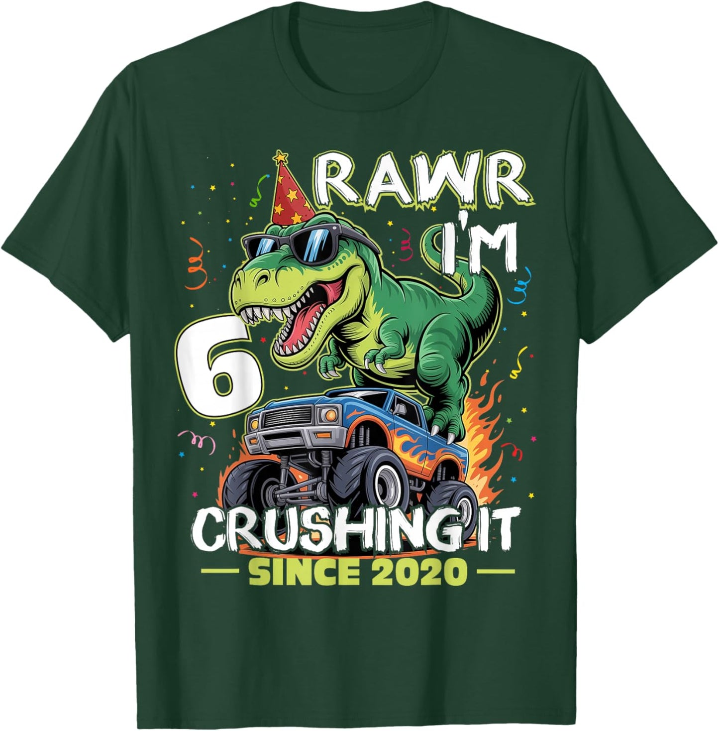6th Birthday Monster Truck Dinosaur 6 Years Old Birthday Boy T-Shirt - T-Shirt | Forest