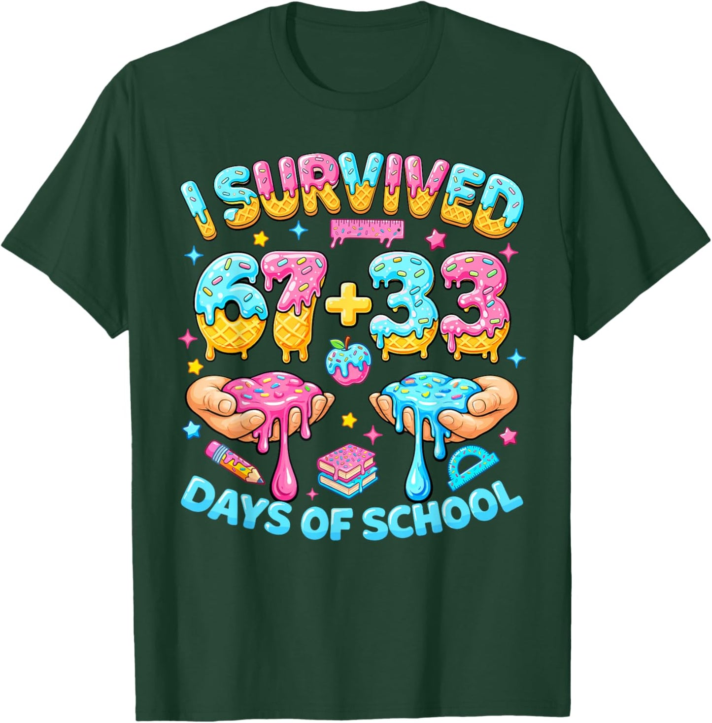 I Survived 67+33 Days of School 100 Days Teachers Kids Boys T-Shirt - T-Shirt | Forest