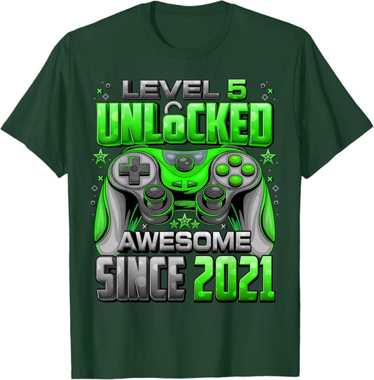 Level 5 Unlocked Awesome Since 2021 5th Birthday Gaming T-Shirt - T-Shirt | Forest