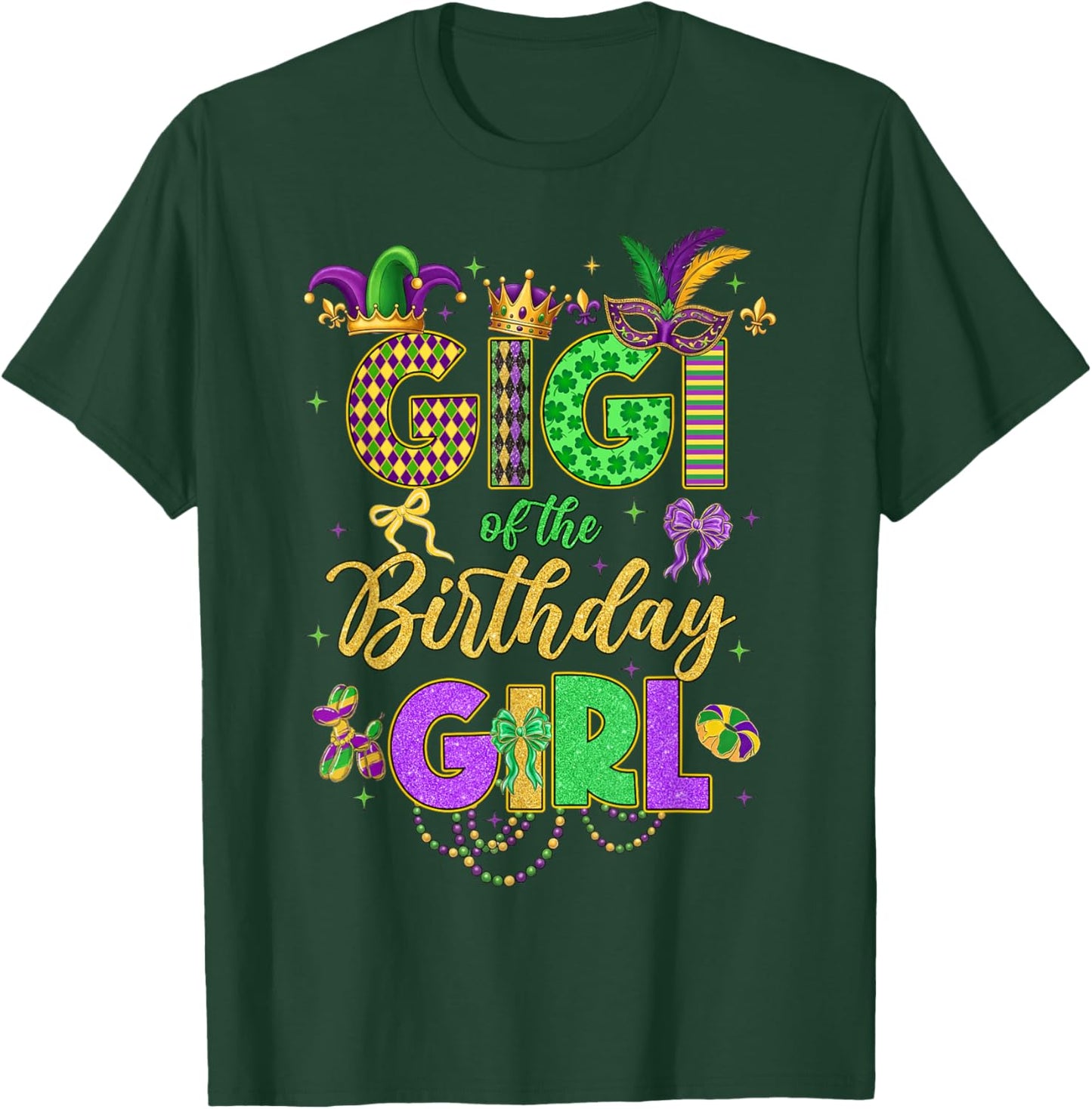 Gigi of The Birthday Girl Coquette Bow Mardi Gras Party T-Shirt - T-Shirt | Forest